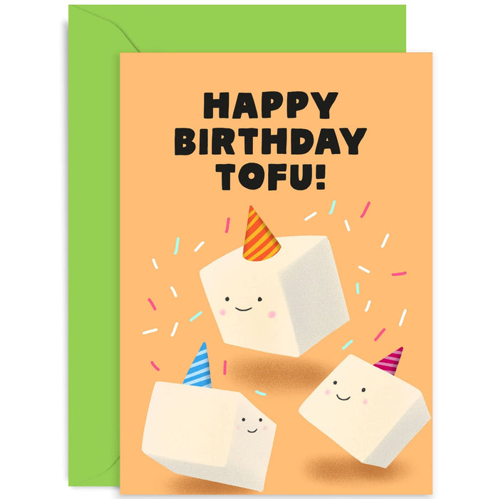 Old English Co. Cute Birthday Card for Him Her - 'Happy Birthday Tofu' Food Pun Humour Card for Men and Women - Funny Birthday Card for Sister, Brother, Cousin, Friend | Blank Inside with Envelope