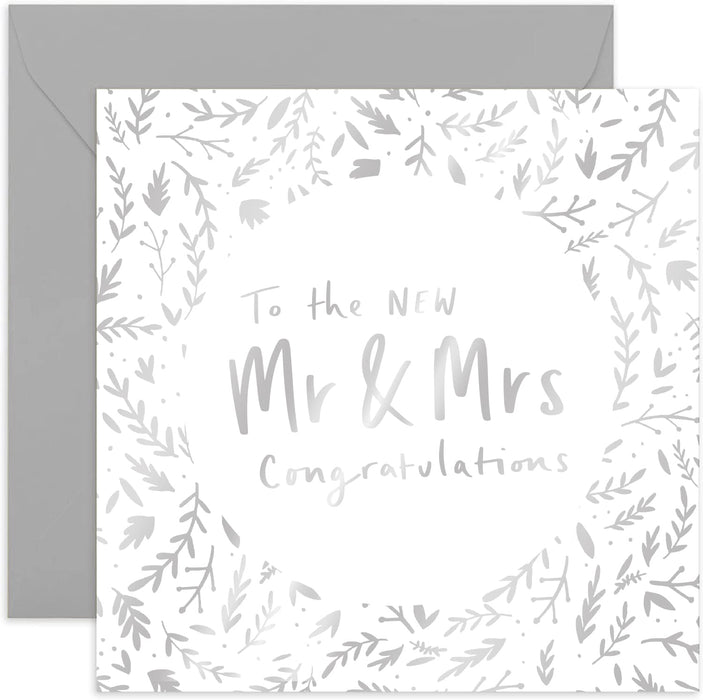 Old English Co. Floral Mr and Mrs Wedding Card - Silver Foil Wreath Newly Wed Greeting Card for Happy Couple | Gift to Family and Friends | Blank Inside & Envelope Included