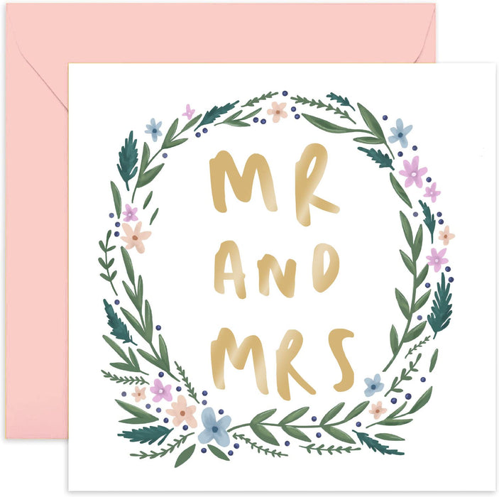Old English Co. Mr Mrs Flower Wreath Marriage Card - Cute Wedding Love Card for Newly Wed Couple | To Gift Bride and Groom on Big Day | Blank Inside & Envelope Included