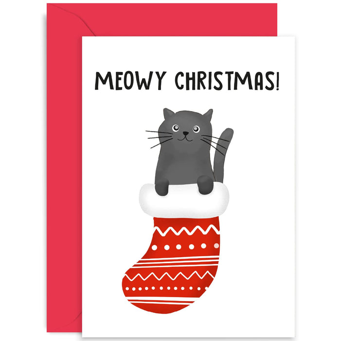 Old English Co. Meowy Christmas Card - Funny Cat Merry Christmas Card for Him Her - Hilarious Card for Friends and Family | Blank Inside with Envelope