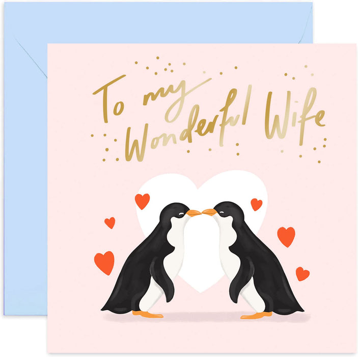 Old English Co. Happy Anniversary Cute Penguin Card - Romantic Animal Couple Greeting Card for Him and Her | Gold Foil Detail | Blank Inside & Envelope Included (Happy Anniversary)
