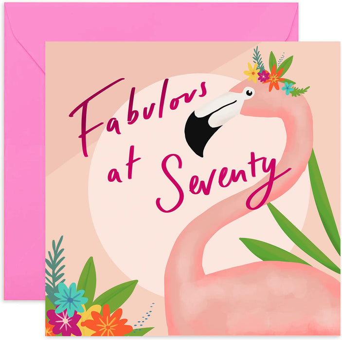 Old English Co. Pink Flamingo 70th Birthday Card - Seventieth Birthday Cards for Women | Mum, Sister, Grandmother | Blank Inside & Envelope Included