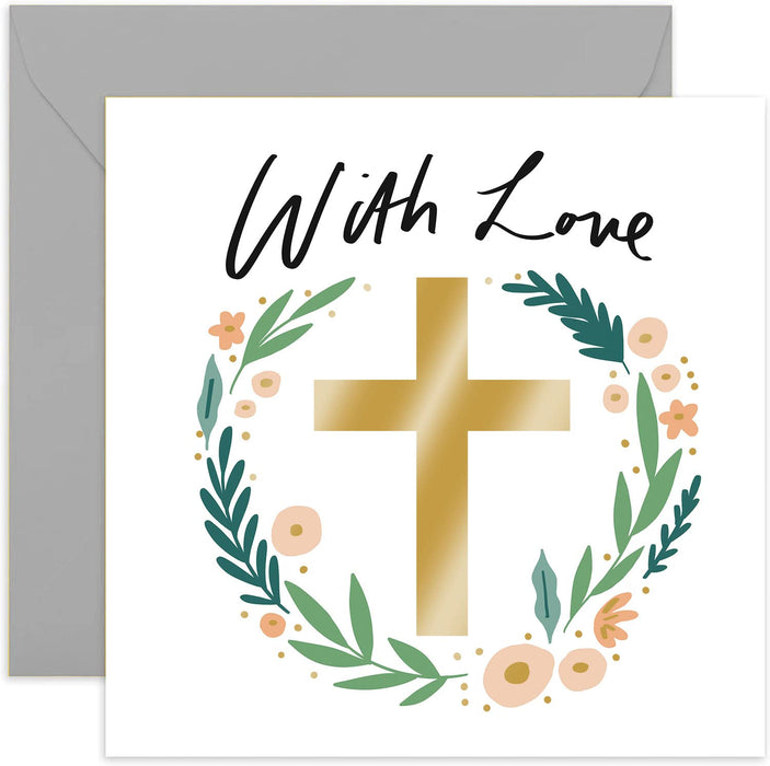 Old English Co. With Love Religious Faith Card - Stylish Floral Wreath Cross Greeting Card for Holidays, Baptism, Christening | Pastel Botanical Wreath Gold Details | Blank Inside & Envelope Included