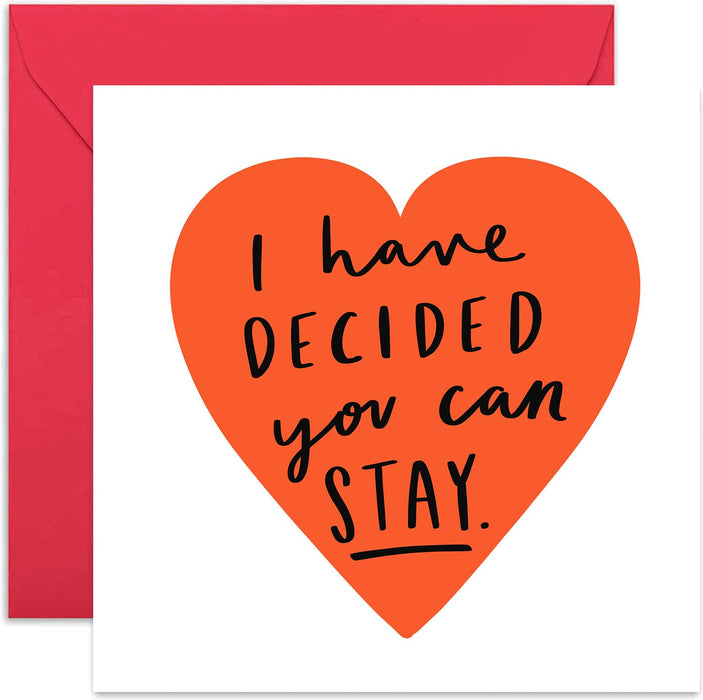 Old English Co. I've Decided You Can Stay Funny Anniversary Card - Bold Red Heart Valentine's Day Card | Joke for Husband, Wife, Boyfriend, Girlfriend | Blank Inside & Envelope Included