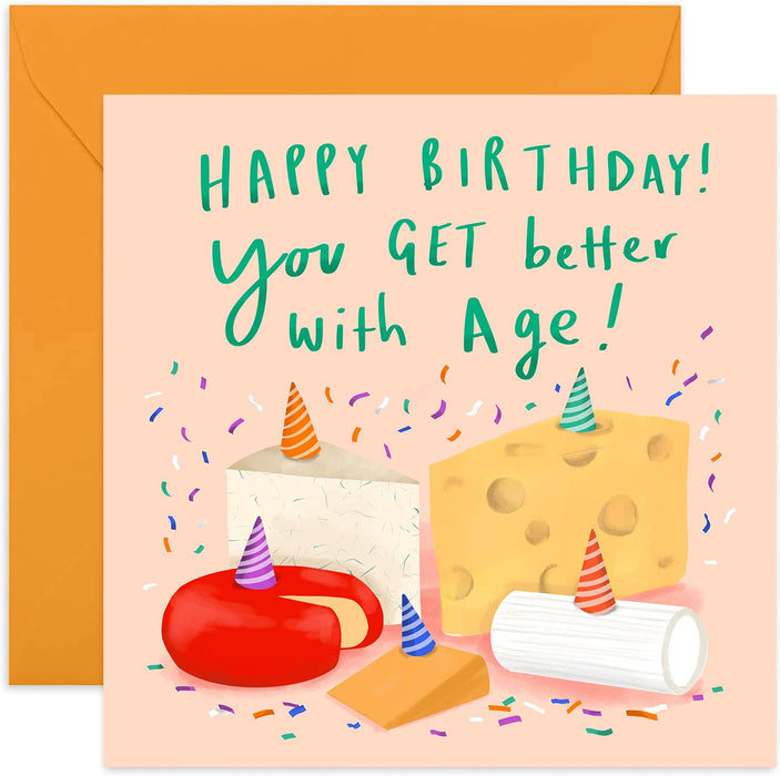 Old English Co. Funny Cheese Birthday Card - Joke Pun Better With Age Birthday Card for Men and Women | Suitable Card for Dad, Mum, Aunt, Uncle | Blank Inside & Envelope Included
