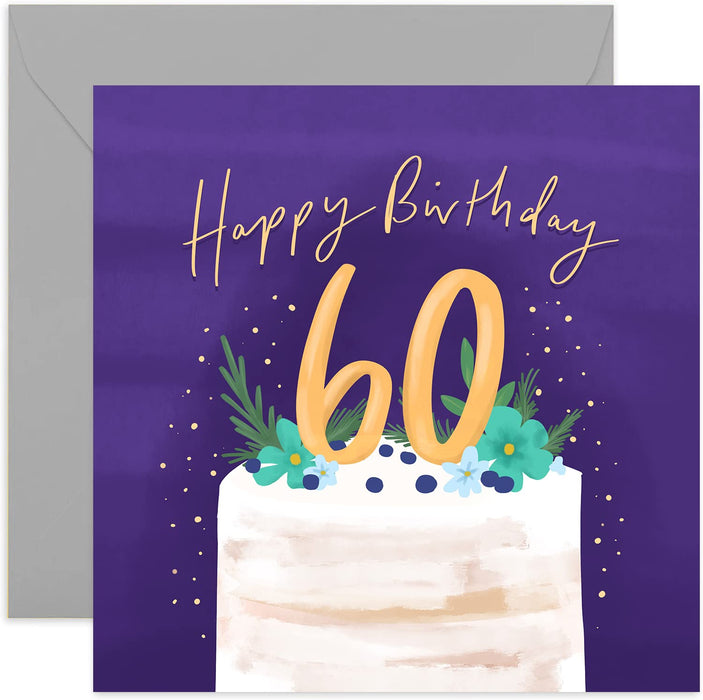 Old English Co. Happy 60th Birthday Cake Card - Floral Sixty Birthday Card for Women | Sixtieth Card for Mum, Grandmother, Aunt, Nanny, Her | Blank Inside & Envelope Included (60th)
