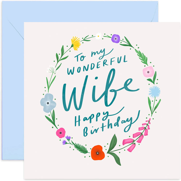 Old English Co. Flower Wreath Birthday Card for Wife - Special Hand-lettered Greeting Card for Wonderful Wife Birthday | Vivid Illustrated Design | Blank Inside & Envelope Included
