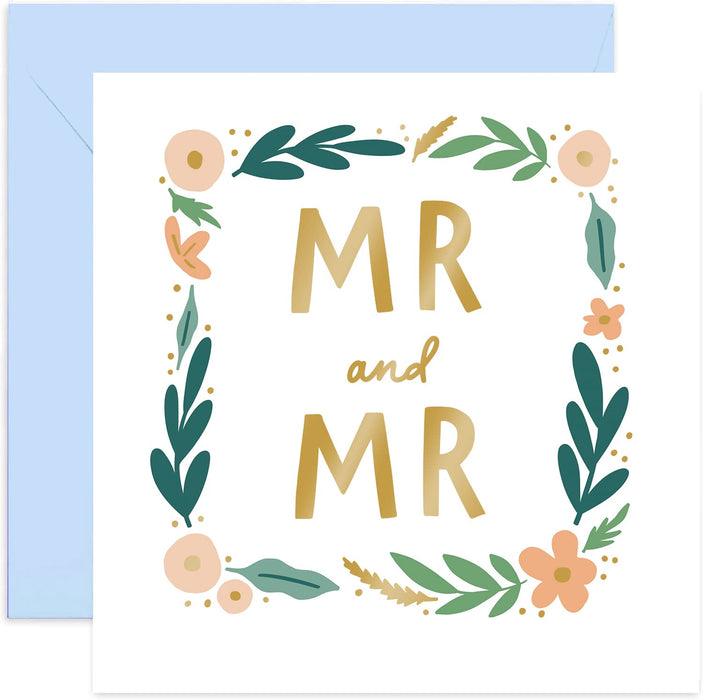 Old English Co. Floral Wreath Mr and Mr Card - Pastel Gold Foil Wedding Card For Grooms | Engagement For Happy Couple on Big Day | Blank Inside & Envelope Included (Mr and Mr)