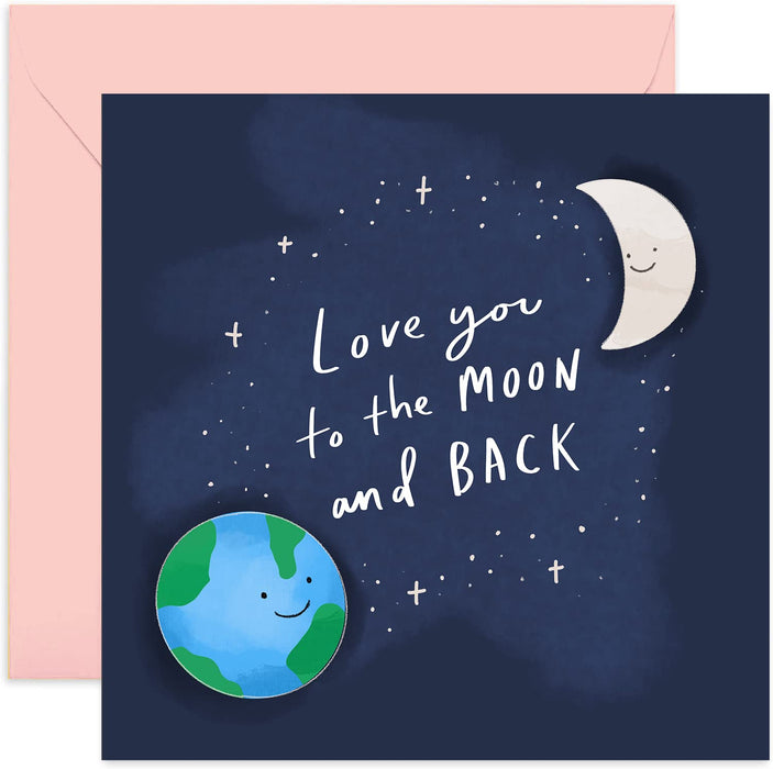 Old English Co. Love You To The Moon and Back Card - Universe Earth Fun Romantic Card for Other Half Men and Women | For Boyfriend, Girlfriend, Husband, Wife | Blank Inside & Envelope Included