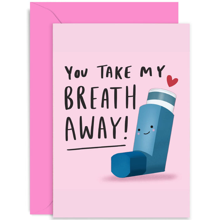 Old English Co. Funny Wedding Anniversary Card for Wife Husband - Hilarious Take My Breath Away Inhaler Pun - Valentine's Card for Boyfriend, Girlfriend, Fiance | Blank Inside with Envelope