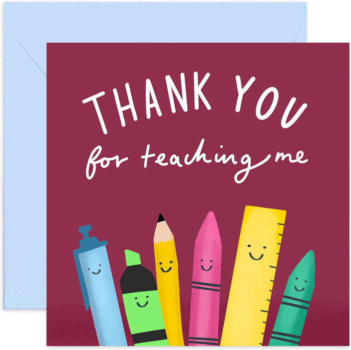 Old English Co. Thank You Teacher Crayons Card - Funny Cute Stationery Cartoon Card | For Teachers Assistant, Nursery Worker, Nanny | Blank Inside & Envelope Included