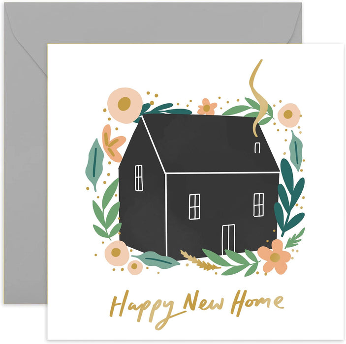 Old English Co. Floral Happy New Home Card - Cute Gold Foil Housewarming Greeting Card for Friends | Stylish Pastel Botanical Wreath | Blank Inside & Envelope Included