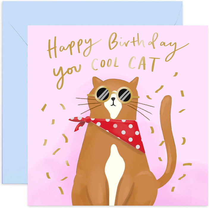 Old English Co. Cool Cat Birthday Card - Metallic Gold Foil Funny Cute Animal Greeting Card for Her and Him| Birthday Wishes for Women and Men | Blank Inside & Envelope Included