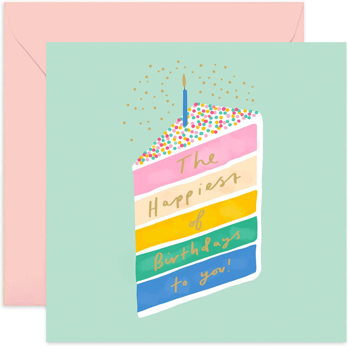 Old English Co. The Happiest of Birthdays Rainbow Cake Card - Gold Foil Sparkle Confetti Greeting Card For Her | Pastel Card For Women, Sister, Mum, Daughter, Friend | Blank Inside & Envelope Included