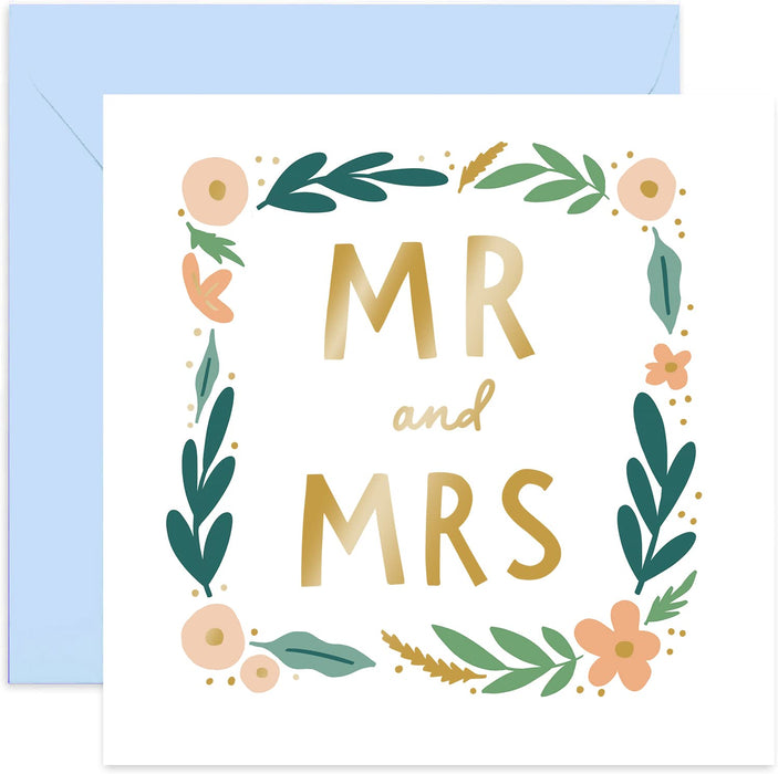 Old English Co. Floral Wreath Mr and Mrs Card - Pastel Gold Foil Wedding Card For Bride and Groom | Engagement For Happy Couple on Big Day | Blank Inside & Envelope Included (Mr and Mrs)