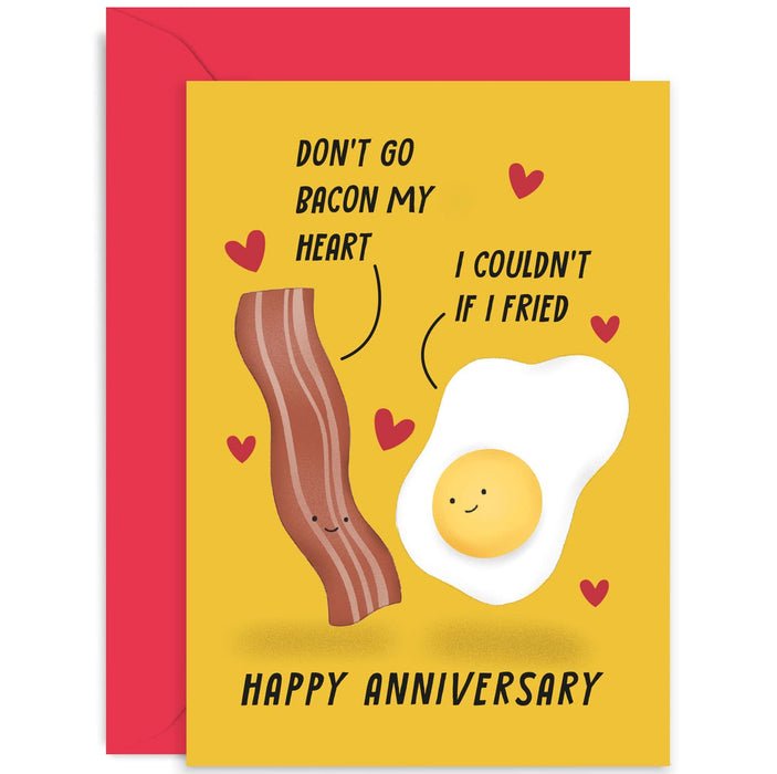 Old English Co. Funny Anniversary Card for Husband or Wife - Bacon and Eggs Romantic Pun - Hilarious Anniversary Card for Boyfriend, Girlfriend, Parnter, Couple | Blank Inside with Envelope