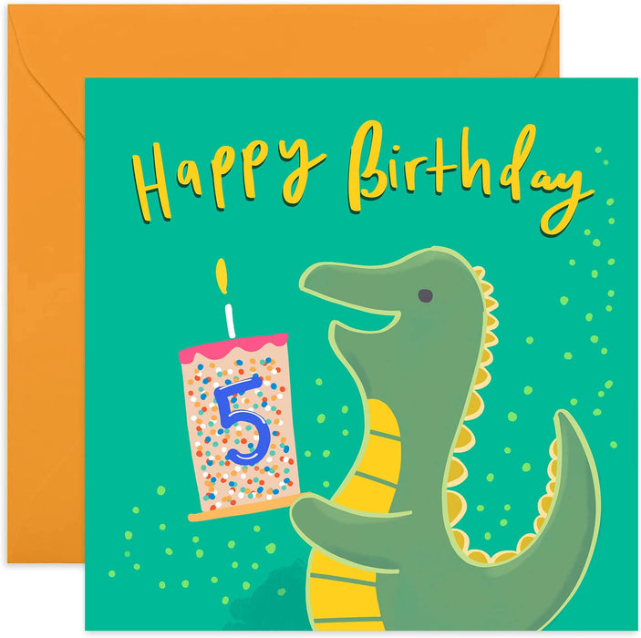 Old English Co. Happy 10th Birthday Dinosaur Card - Square Tenth Birthday Wishes Card | Suitable for Baby, Son, Daughter, Child | Blank Inside & Envelope Included