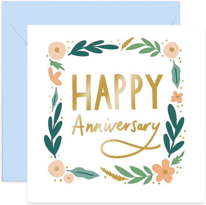Old English Co. Floral Wreath Happy Anniversary Card - Pastel Gold Foil Love Romance Card For Men and Women | For Husband, Wife, Girlfriend, Boyfrined, Partner| Blank Inside & Envelope Included