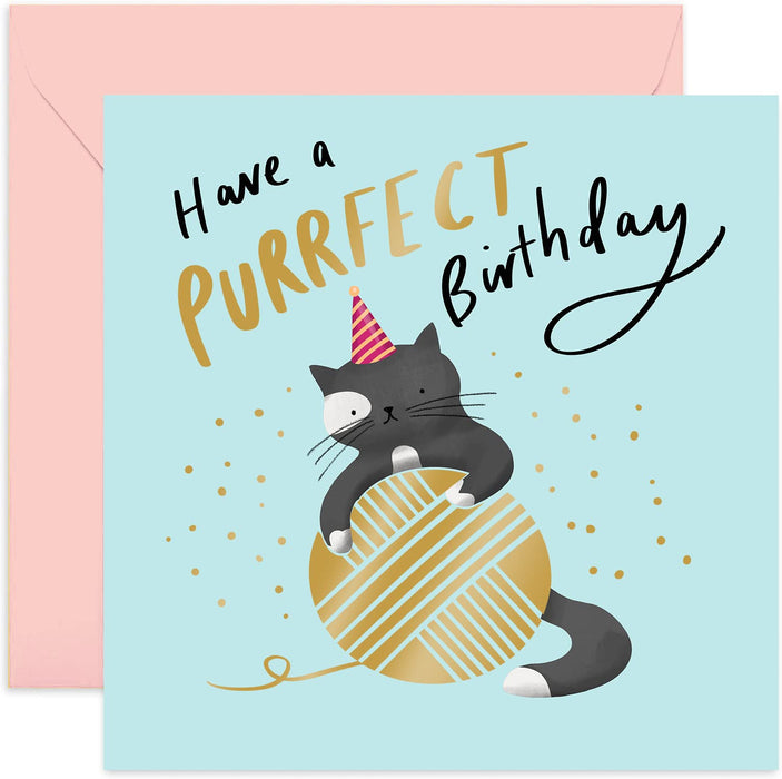 Old English Co. Purrfect Kitten Birthday Card - Funny Cute Cat Pun Greeting Card for Her and Him| Gold Foil Birthday Wishes for Women and Men | Blank Inside & Envelope Included