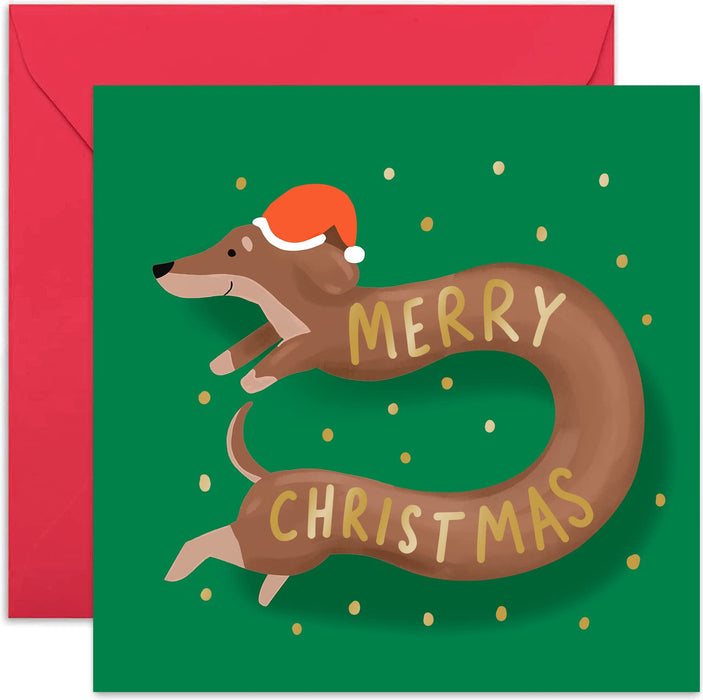 Old English Co. Merry Christmas Daschund Card - Fun Sausage Dog Festive Seasons Greeting Card for Men and Women | Gold Foil Detail | Blank Inside & Envelope Included