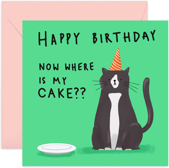 Old English Co. Cat Where Is My Cake Birthday Card - Funny Cute Animal Pet Greeting Card for Her and Him| Birthday Wishes for Women and Men | Blank Inside & Envelope Included