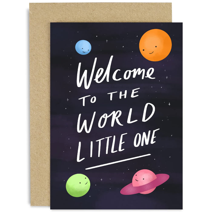 Old English Co. Welcome To The World Little One Baby Card - Cute New Baby Card for Baby Girl or Boy for Parents - Universe Space Stars Planets | Blank Inside with Envelope
