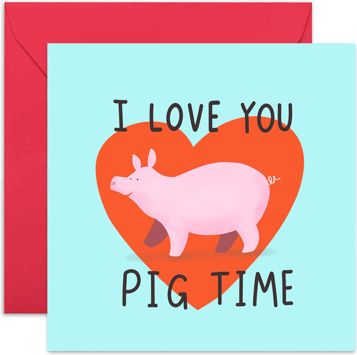 Old English Co. Love You Pig Time Wedding Anniversary Card for Husband or Wife - Fun Illustrated Animal Pun Valentine's Day Card for Him or Her | Blank Inside & Envelope Included