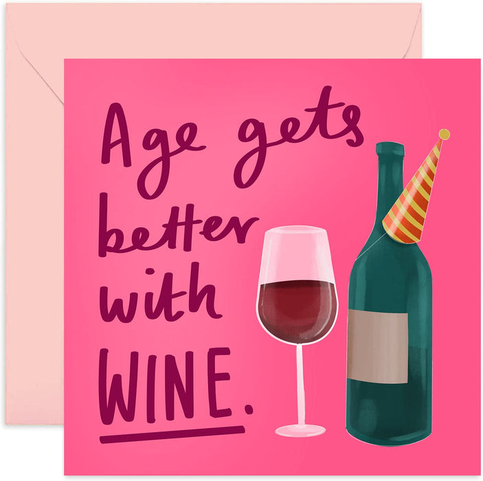 Old English Co. Age Gets Better With Wine Happy Birthday Card - Funny Alchohol Greeting Card Him or Her | Dead Pan Humour Whit for Friends and Family | Blank Inside & Envelope Included