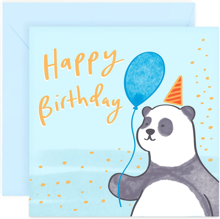Old English Co. Happy Birthday Boy Panda Card - Square Birthday Wishes Blue Card | Suitable for Baby, Son, Daughter, Child | Blank Inside & Envelope Included