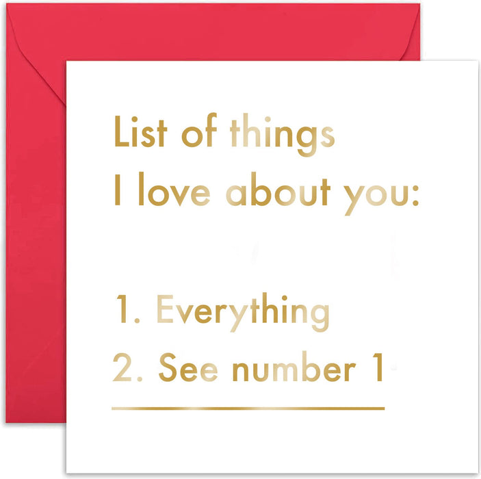 Old English Co. Things I Love About You Fun Anniversary Card - Gold Foil Humorous Romantic Valentine's Day Card for Husband, Wife, Boyfriend, Girlfriend | Blank Inside & Envelope Included