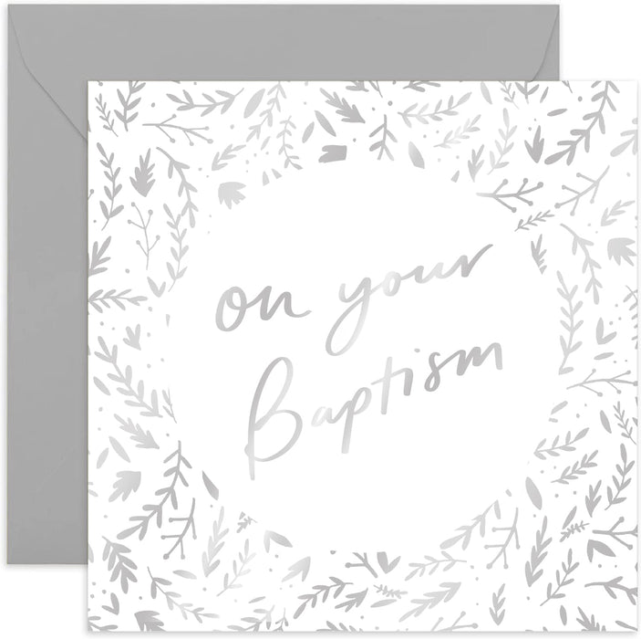 Old English Co. On Your Baptism Day Floral Card - Silver Foil Religious Faith Card for Boy or Girl | Celebrate Special Day of Family and Friends | Blank Inside & Envelope Included