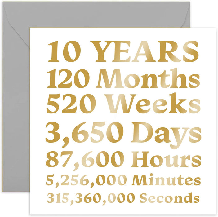 10th Anniversary Tin Card - Stylish Gold Foil Tenth Birthday Card for Him or Her | Card for Husband, Wife, Girlfriend, Boyfriend, Happy Couple | Blank Inside & Envelope Included