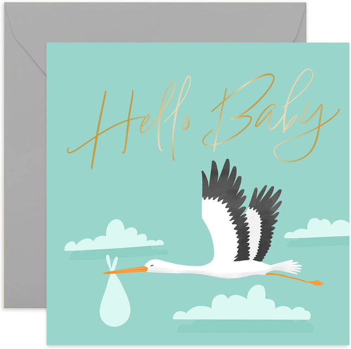 Old English Co. Stork New Baby Card - Baby Boy or Baby Girl Card | Congratulations Baby Shower Card or Maternity Leave Card | New Grandparents Card | Blank Inside & Envelope Included