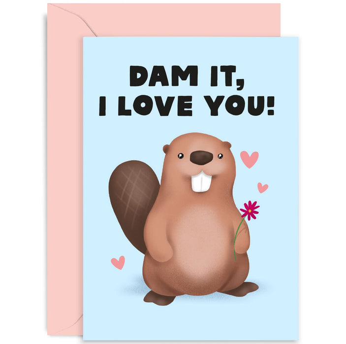 Old English Co. Dam It I Love You Card - Cute Beaver Anniversary Card for Wife or Husband - Funny Valentine's Card for Boyfriend or Girlfriend | Blank Inside with Envelope
