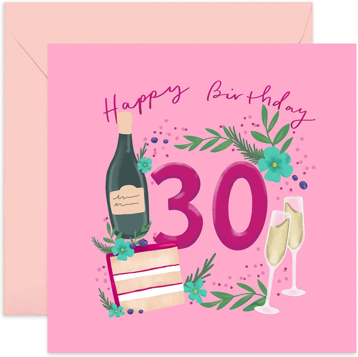 Old English Co. Champagne and Cake 30th Birthday Card - Cute Pink Thirtieth Birthday Card for Women | Birthday Wishes for Women | Blank Inside & Envelope Included