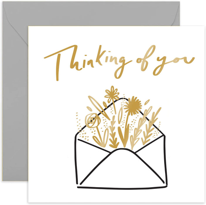 Old English Co. Envelope Flowers Thinking Of You Card - Gold Foil Get Well Soon Card | Sympathy Sorry Card for Women and Men | Blank Inside & Envelope Included