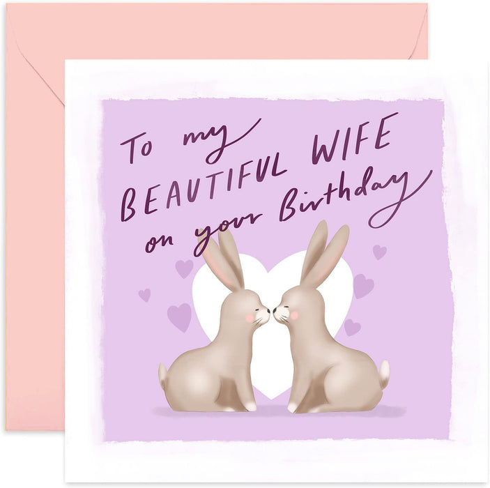 Old English Co. Beautiful Wife Birthday Card - Illustrated Kissing Bunny Rabbits Heartfelt Design for Her | Special Birthday Card for Other Half | Blank Inside & Envelope Included