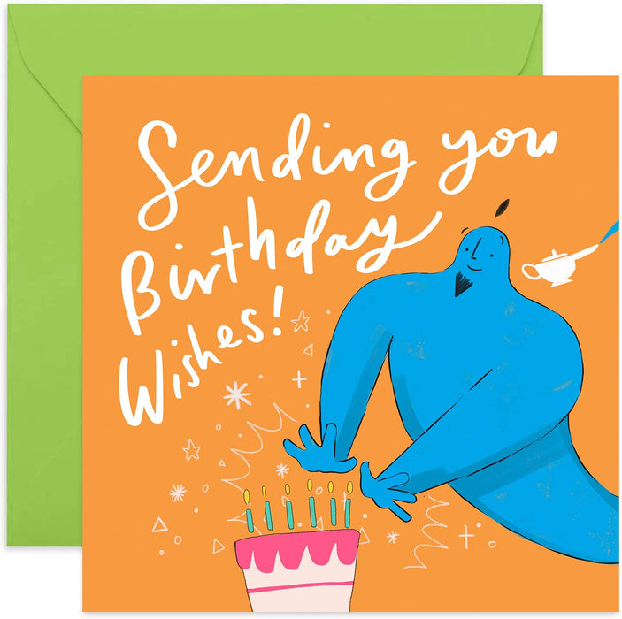 Old English Co. Sending You Birthday Wishes Genie Funny Birthday Card for Him - Birthday Celebrations for Men and Women |Gift Brother, Son, Sister, Daughter, Friend | Blank Inside & Envelope Included