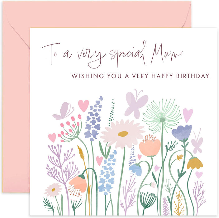 Old English Co. To A Very Special Mum Birthday Card - Flower Butterfly Heart Meadow Happy Birthday Card from Children, Son, Daughter | Cute Sweet Pastel Design | Blank Inside & Envelope Included