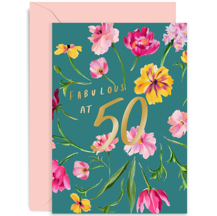 Old English Co. Fabulous at 50th Birthday Card for Her - Fiftieth Age Cute Gold Foil Flower Card for Women - Sister, Auntie, Mum, Wife, Friend | Blank Inside with Envelope