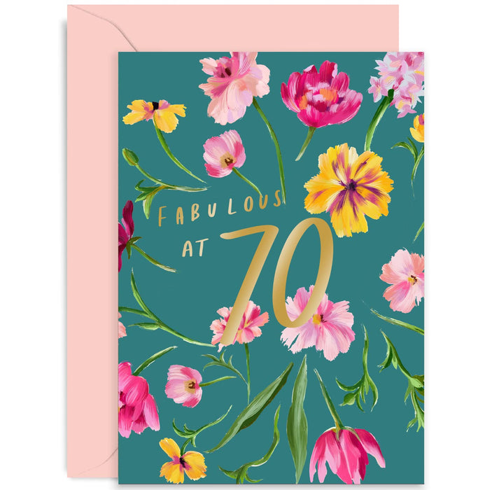 Old English Co. Fabulous at 70th Birthday Card for Her - Seventieth Age Cute Gold Foil Flower Card for Women - Grandmother, Nan, Mum, Wife, Friend | Blank Inside with Envelope