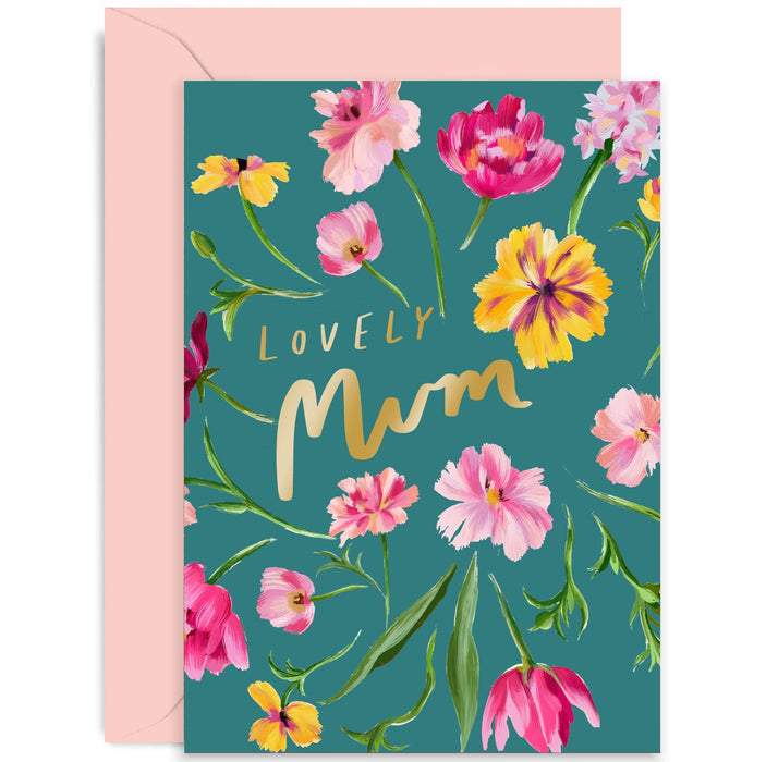 Old English Co. Lovely Mum Birthday Card for Her - Cute Gold Foil Flower Card for Mother from Son, Daughter, Child - Birthday Card for Women | Blank Inside with Envelope