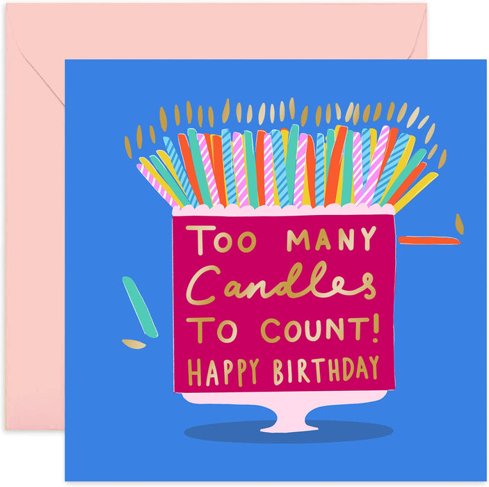 Old English Co. Too Many Candles Birthday Cake Card - Funny Humour Greeting Card for Men, Women, Adults | Printed with Metalic Gold Foil | Blank Inside & Envelope Included