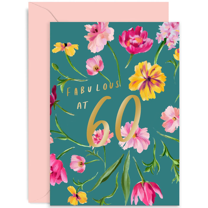 Old English Co. Fabulous at 60th Birthday Card for Her - Sixtieth Age Cute Gold Foil Flower Card for Women - Sister, Auntie, Mum, Wife, Friend | Blank Inside with Envelope