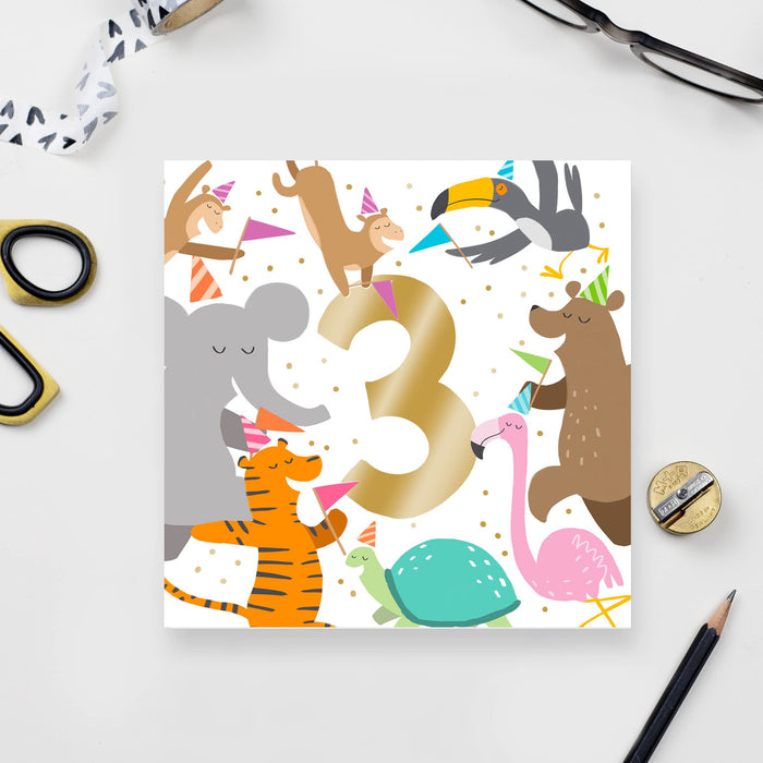 Old English Co. Party Animals 1st Birthday Card - Gold Foil Square Zoo Birthday Card for Boys and Girls | For Son or Daughter | Blank Inside & Envelope Included (2nd)