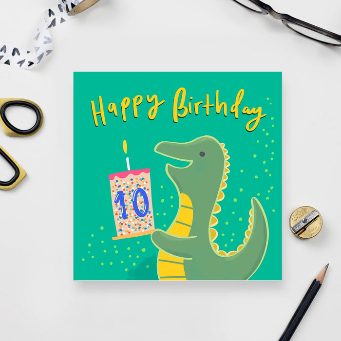Old English Co. Happy 10th Birthday Dinosaur Card - Square Tenth Birthday Wishes Card | Suitable for Baby, Son, Daughter, Child | Blank Inside & Envelope Included