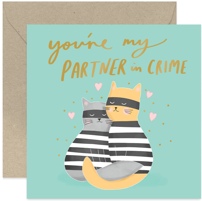 Old English Co. Cats Partner in Crime Funny Anniversary Card for Husband and Wife - Cute Valentine's Card Design for Boyfriend, Girlfriend, Partner | Blank Inside & Envelope Included
