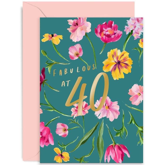 Old English Co. Fabulous at 40th Birthday Card for Her - Fortieth Age Cute Gold Foil Flower Card for Women - Sister, Niece, Mum, Wife, Friend | Blank Inside with Envelope