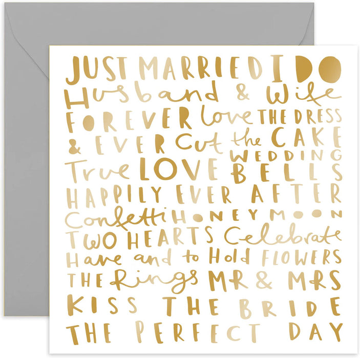 Old English Co. Just Married Words Wedding Card - Beautiful Gold Foil Newly Weds Card | For Mr and Mrs | Blank Inside & Envelope Included