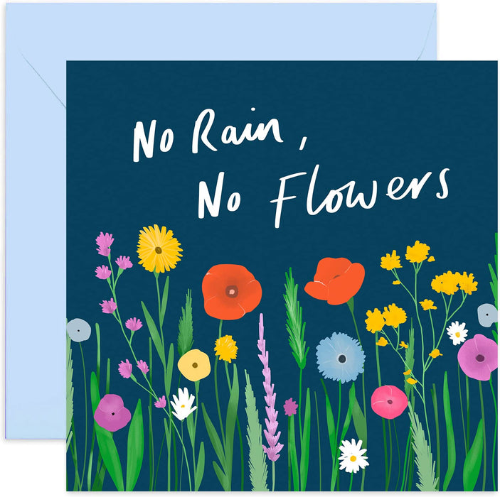 Old English Co. No Rain No Flowers Friendship Card - Cute Female Sympathy Card for Best Friend | Floral Sorry, Get Well, Thinking of You | Blank Inside & Envelope Included